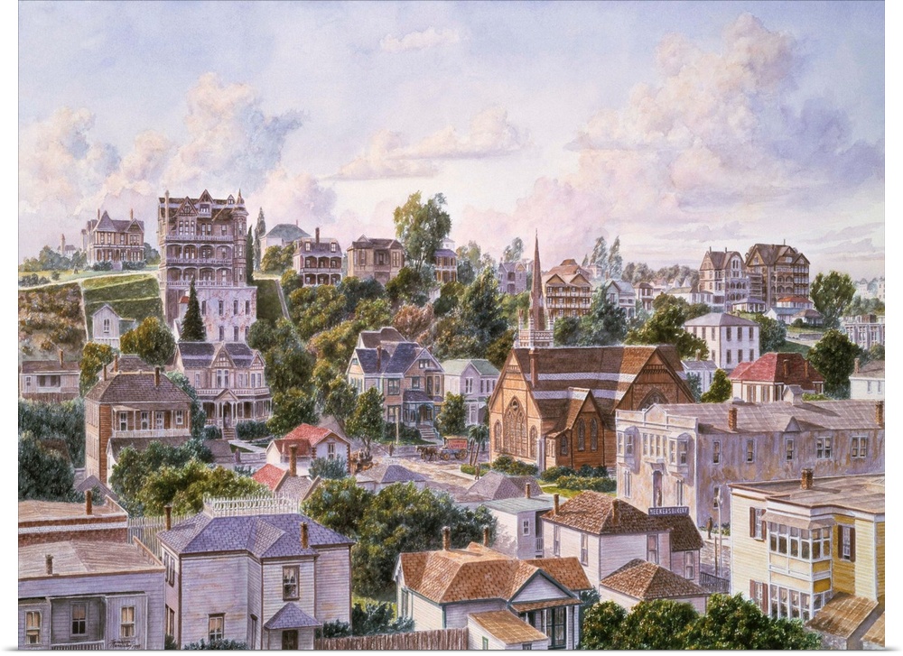 Contemporary painting of a cityscape view of Bunker Hill in Los Angeles California.
