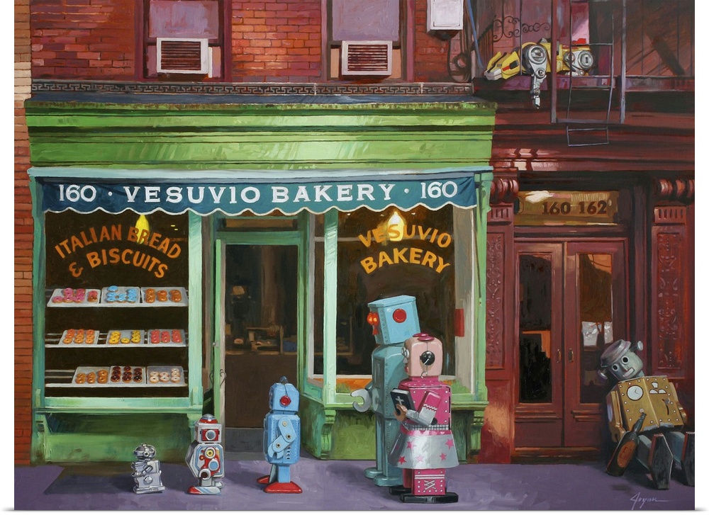 A contemporary painting of a retro toy robot family outside a bakery.