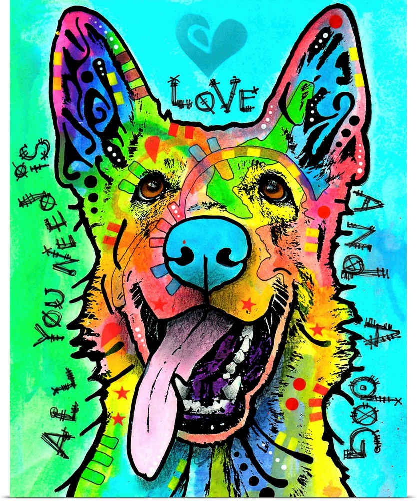 "All You Need is Love and a Dog" handwritten around a colorful Canaan dog on a blue and green background.