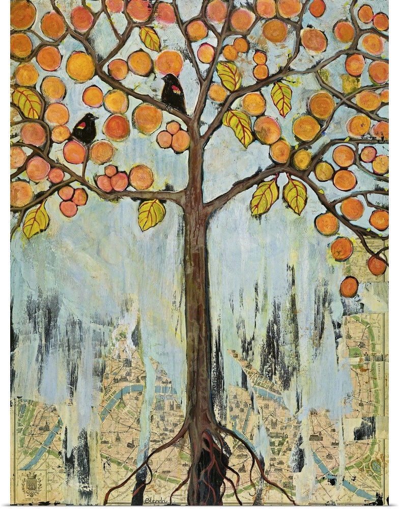 Lighthearted contemporary painting of a tree with birds perched on the on the branches.
