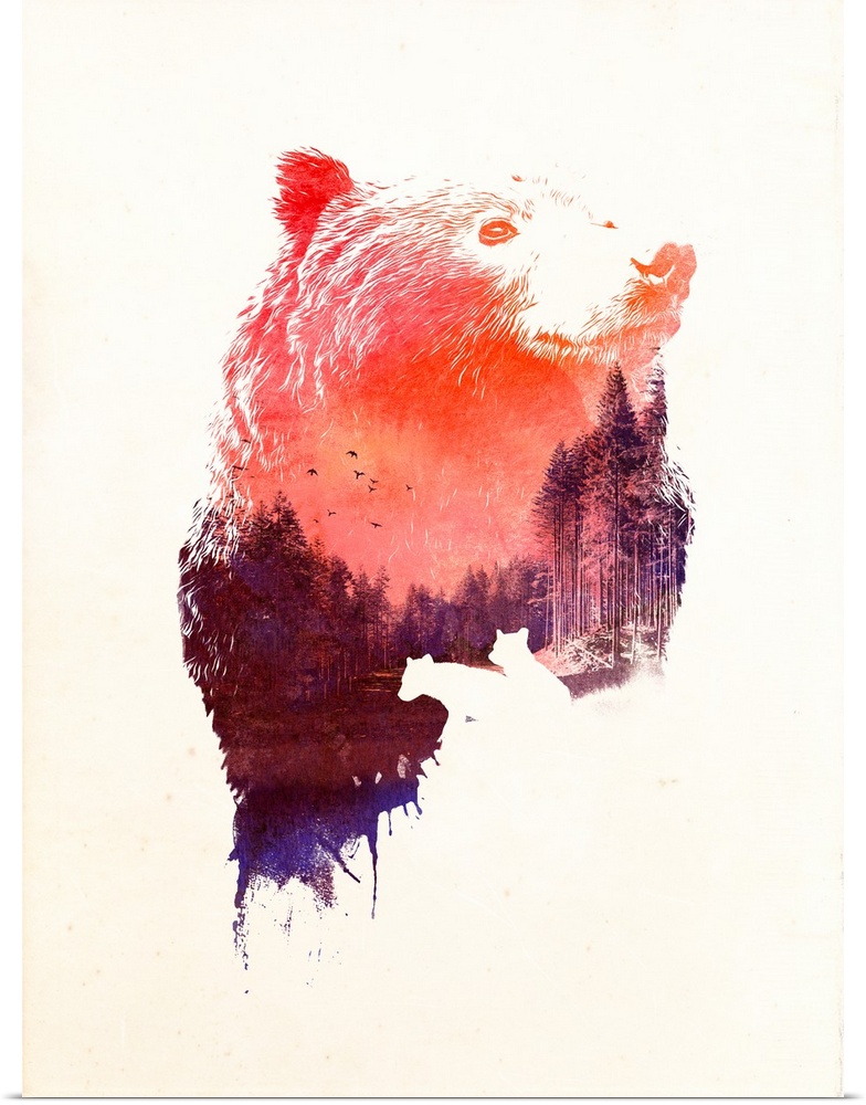 Pop art of a bear with a serene forest scene in its fur.