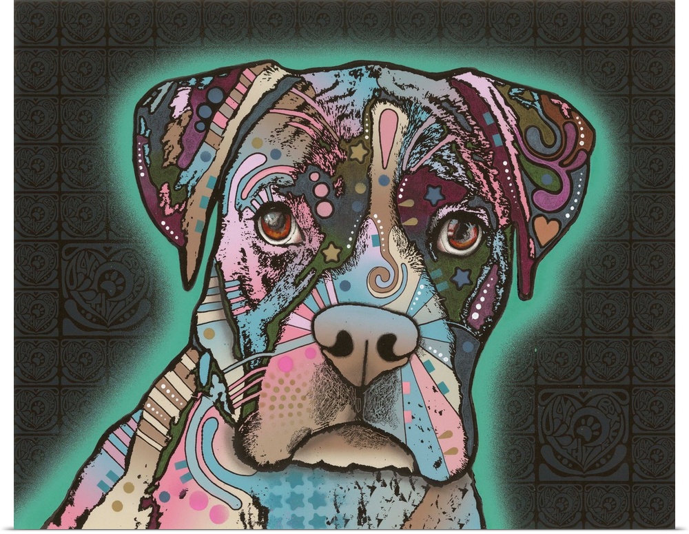 Colorful illustration of a Boxer with a teal spray painted outline on a dark detailed background.