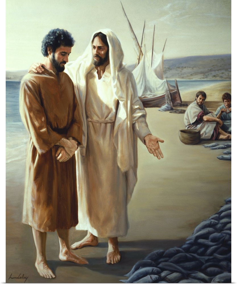 Jesus on beach with many fishes