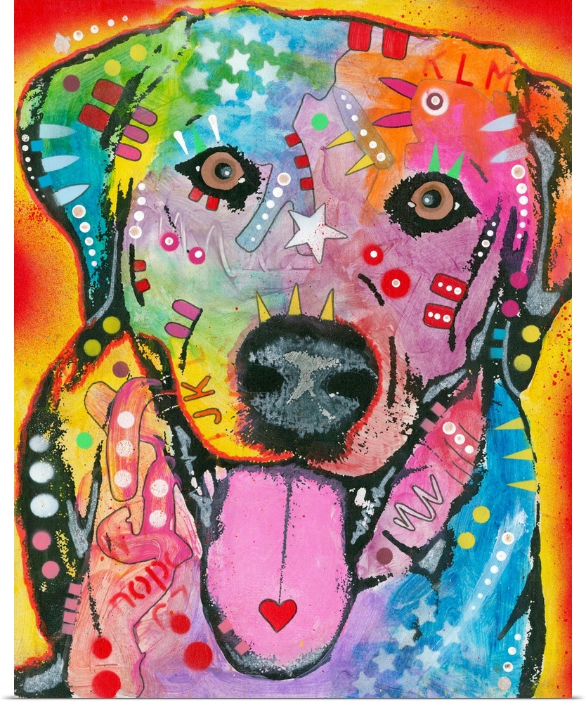 Colorful painting of a Labrador with graffiti-like markings on a red and yellow background.