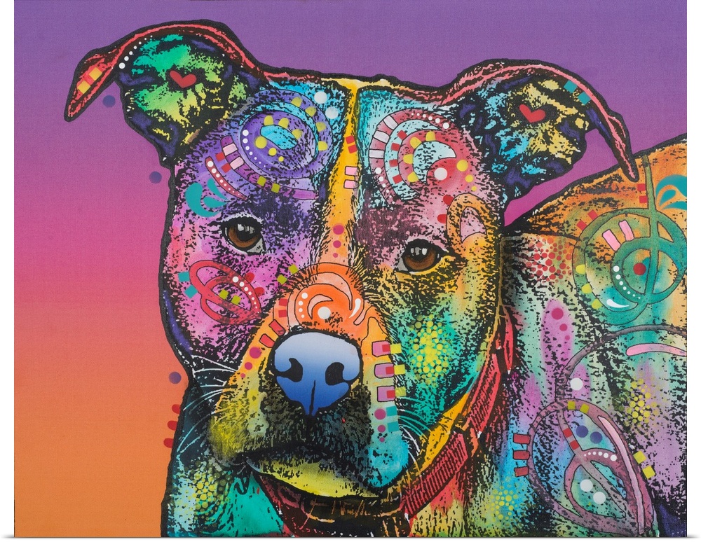 Colorful painting of a pit bull covered in shaped designs on a purple to orange gradient background.