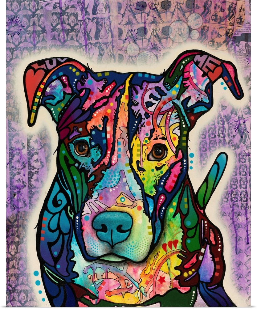 Colorful painting of a pit bull with abstract markings on a purple background with faint black dog illustrations.