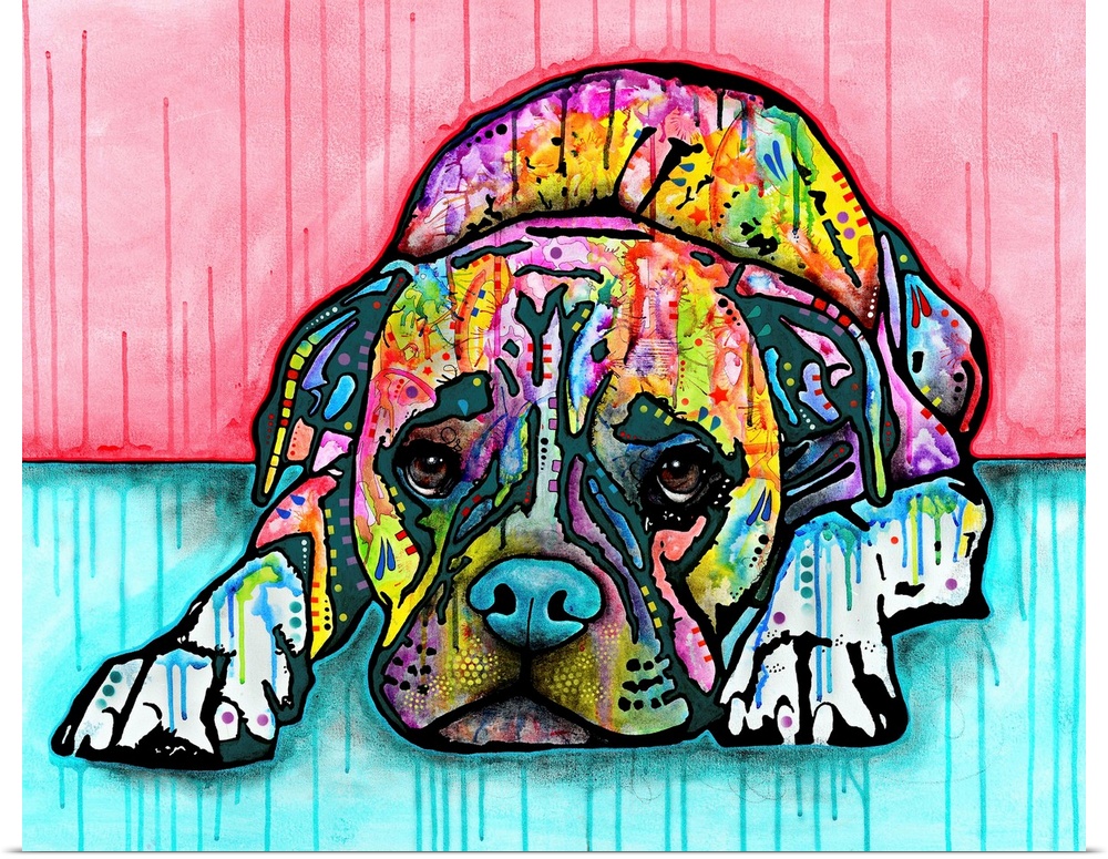 Colorful painting of a boxer lying down on the ground with a sad look on ts face and paint drips on the background.