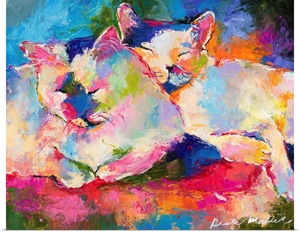 Colorful abstract painting of two cats snuggling and sleeping together.