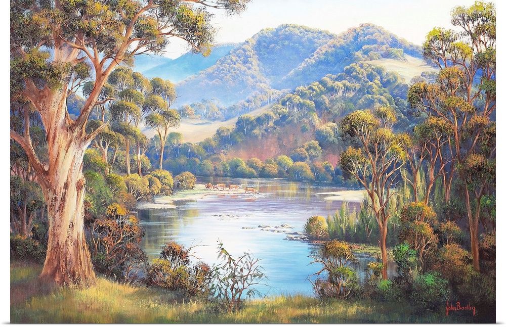 Contemporary painting of a mountainous valley.