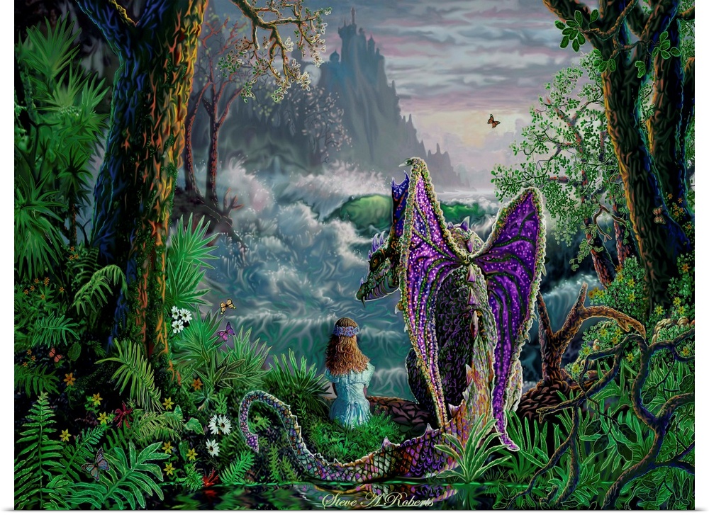 Girl sitting next to a dragon looking over the prehistoric landscape