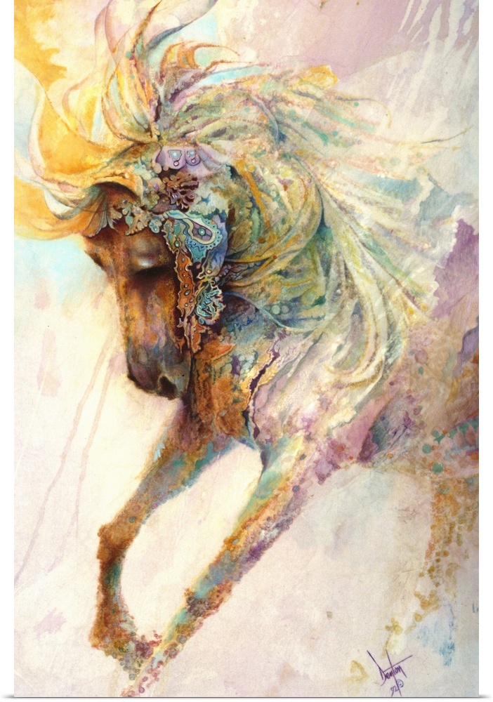 Contemporary painting of a horse with a colorful magical looking mane.
