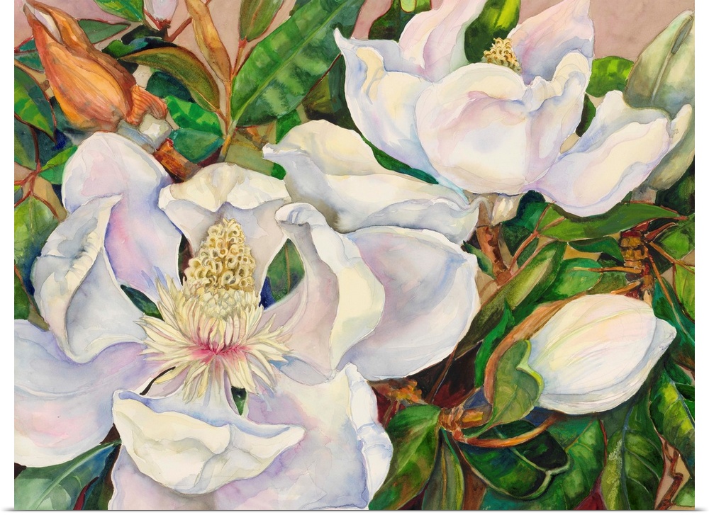 Colorful contemporary painting of white magnolias.