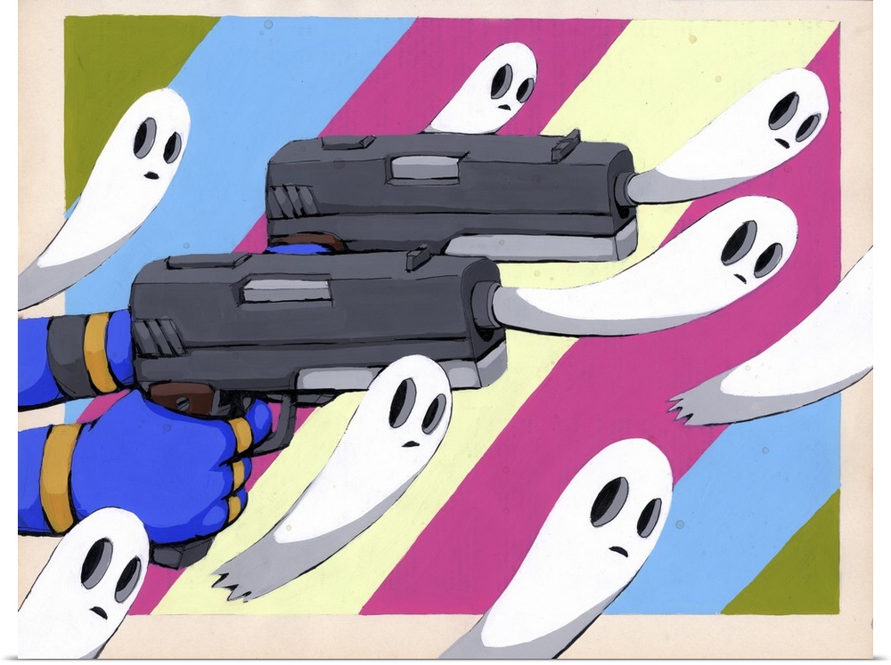 Pop art painting of ghosts emerging from guns, symbolizing the destructive power of weapons.