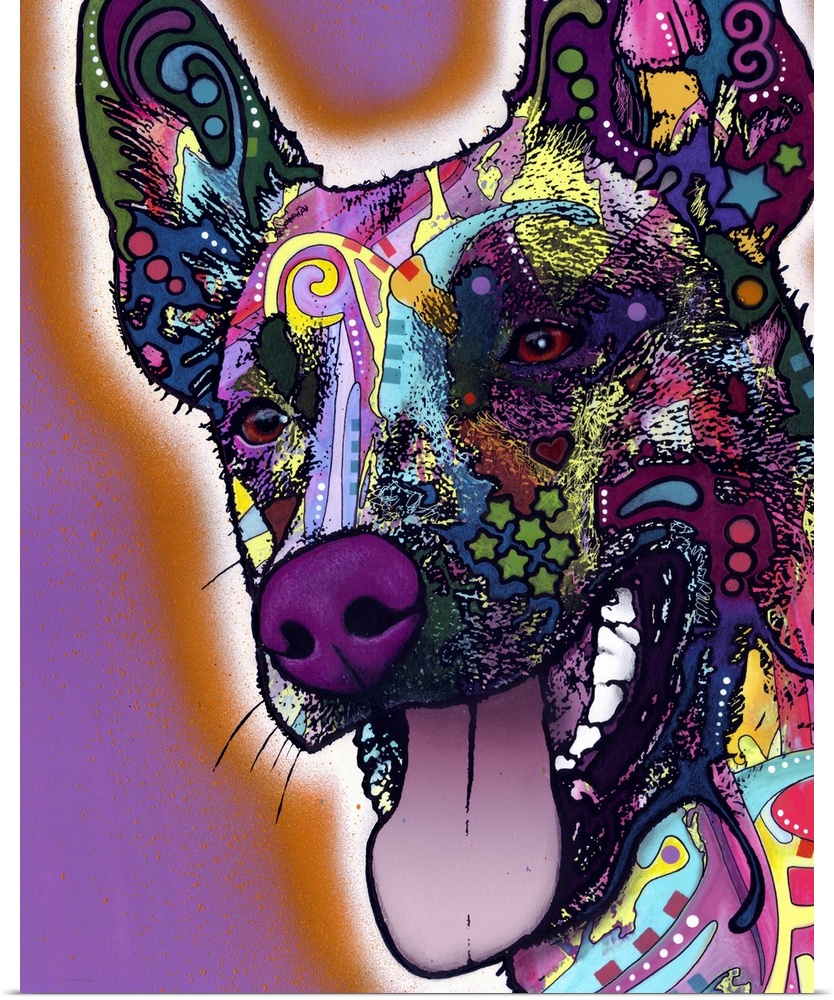 Contemporary artwork that uses different designs and colors over the face of a dog.