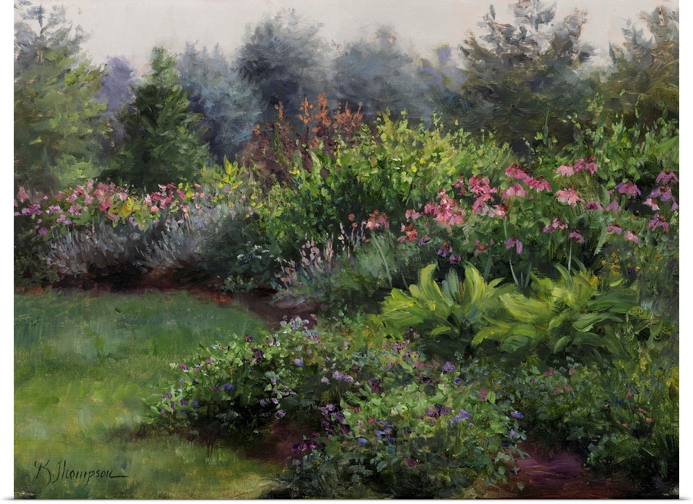 Contemporary colorful painting of an idyllic garden scene.