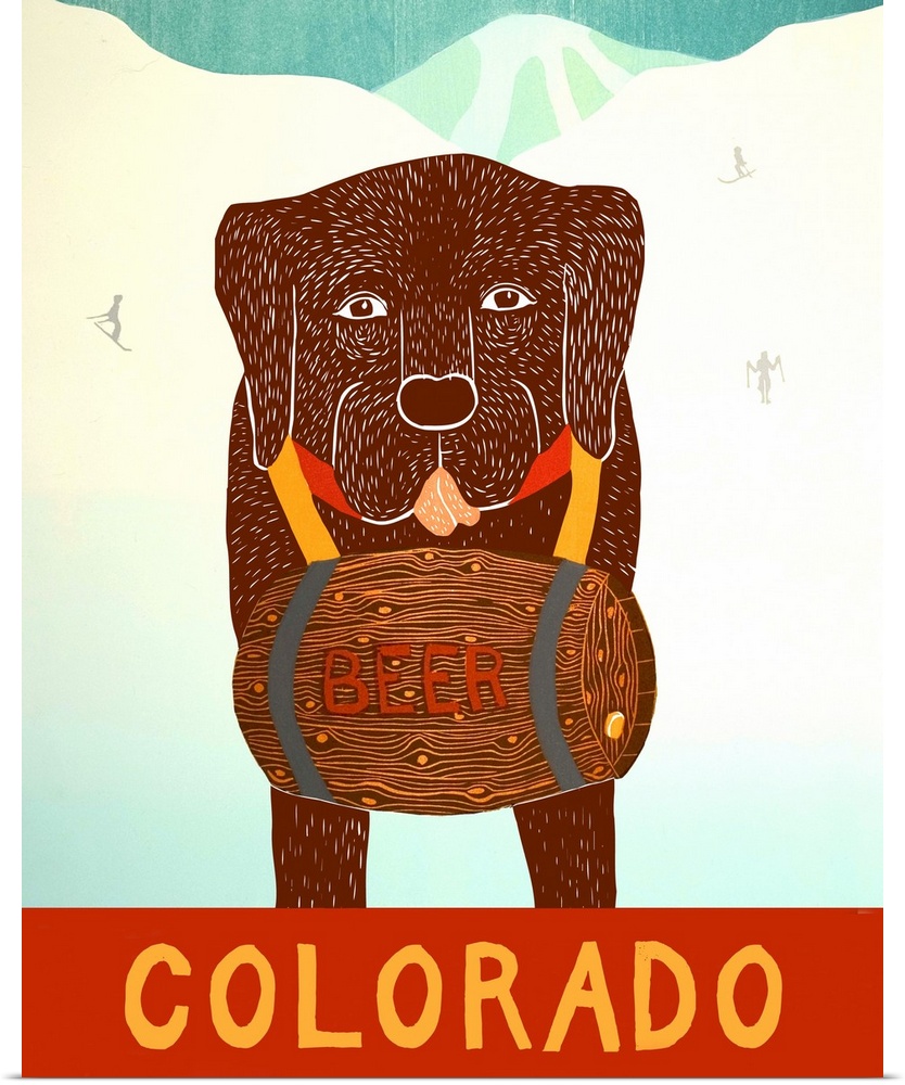 Illustration of a chocolate lab with a barrel of beer around its neck on the ski slopes with "Colorado" written on the bot...