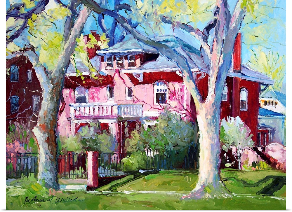 Painting of a pale red country home.