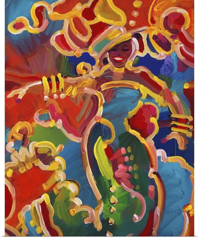 Contemporary painting in vivid rainbow colors of a woman dressed up for a festival celebration.
