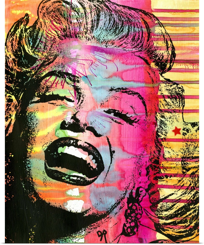 Colorful illustration of Marilyn Monroe laughing with busy painted designs in the background.
