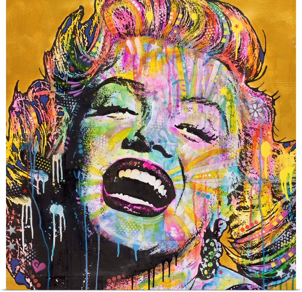 Square illustration of Marilyn Monroe laughing and full of color with paint drips running down to the bottom on a gold bac...
