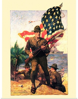 Marines with American Flag - Vintage Marines Poster
