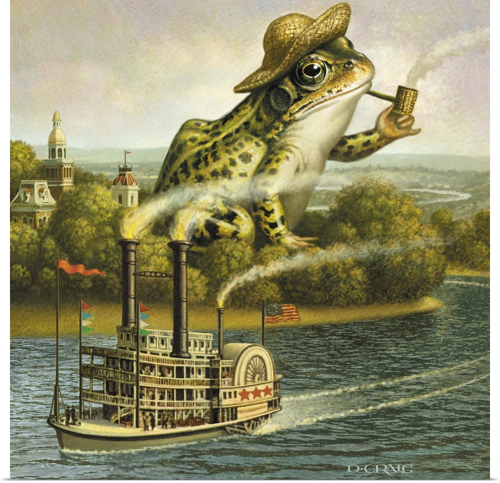 Giant frog smoking a pipe near a river with steamboat.