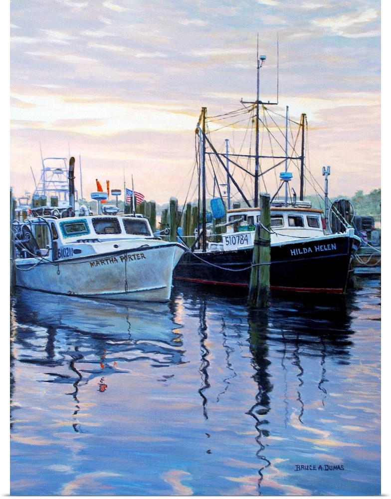 Contemporary painting of two large boats docked to wooden pillars in the water in the early evening.