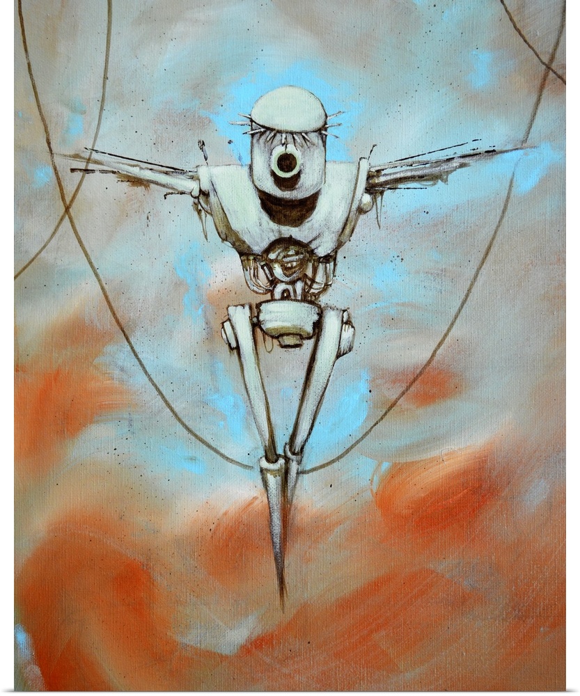 Illustration of a robot hanging from cords.