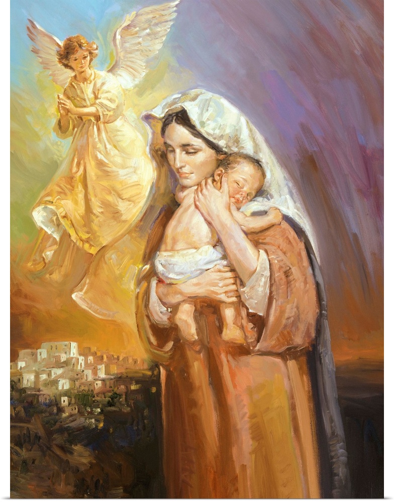 Mary, holding Jesus to her breast.  An angel is seen watching over them.