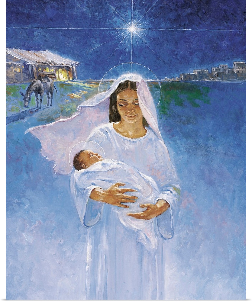 Mary is pictured holding Jesus, the manger in which he was born is pictured in the background, as well as Bethlehem and th...