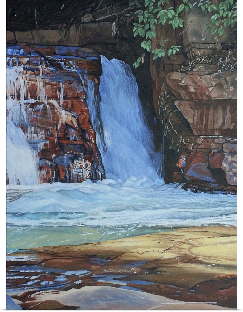 Contemporary painting of a small waterfall pouring from rocks in a forest.