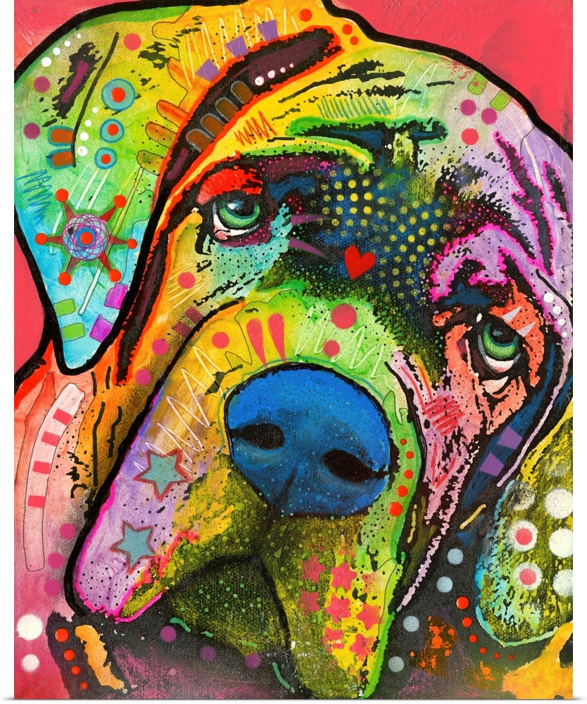 Colorful painting of a Mastiff with abstract markings on a red background.