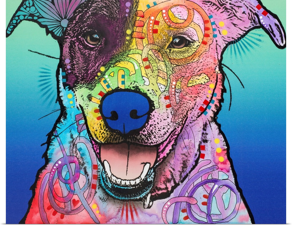 Pop art style painting of a happy mutt with colorful abstract designs on a blue gradient background.