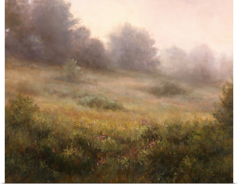 Contemporary painting of an idyllic countryside shrouded in a light haze.