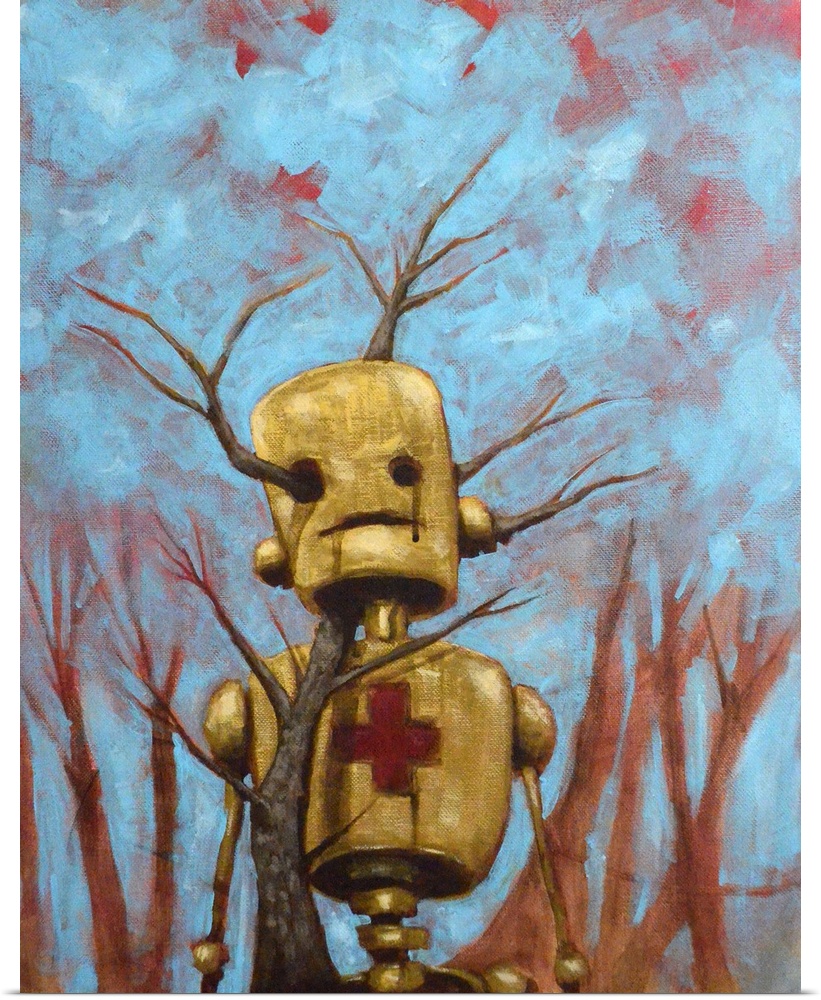 Illustration of a robot with a red cross on its chest and a tree growing through its head.