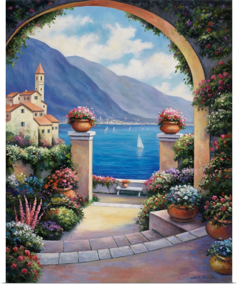 A garden archway overlooking the Mediterranean sea.
