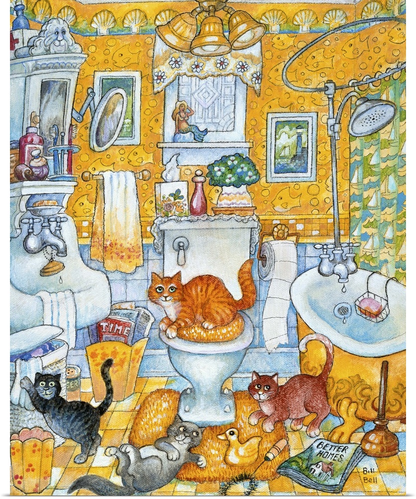 Cats in yellow bathroom.