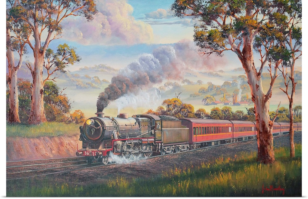 Contemporary painting of a train passing through a countryside landscape.