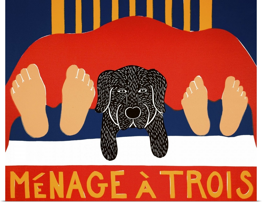 Illustration of a black lab laying in the middle of its owners legs at the foot of the bed with the phrase "Menage a Trois...
