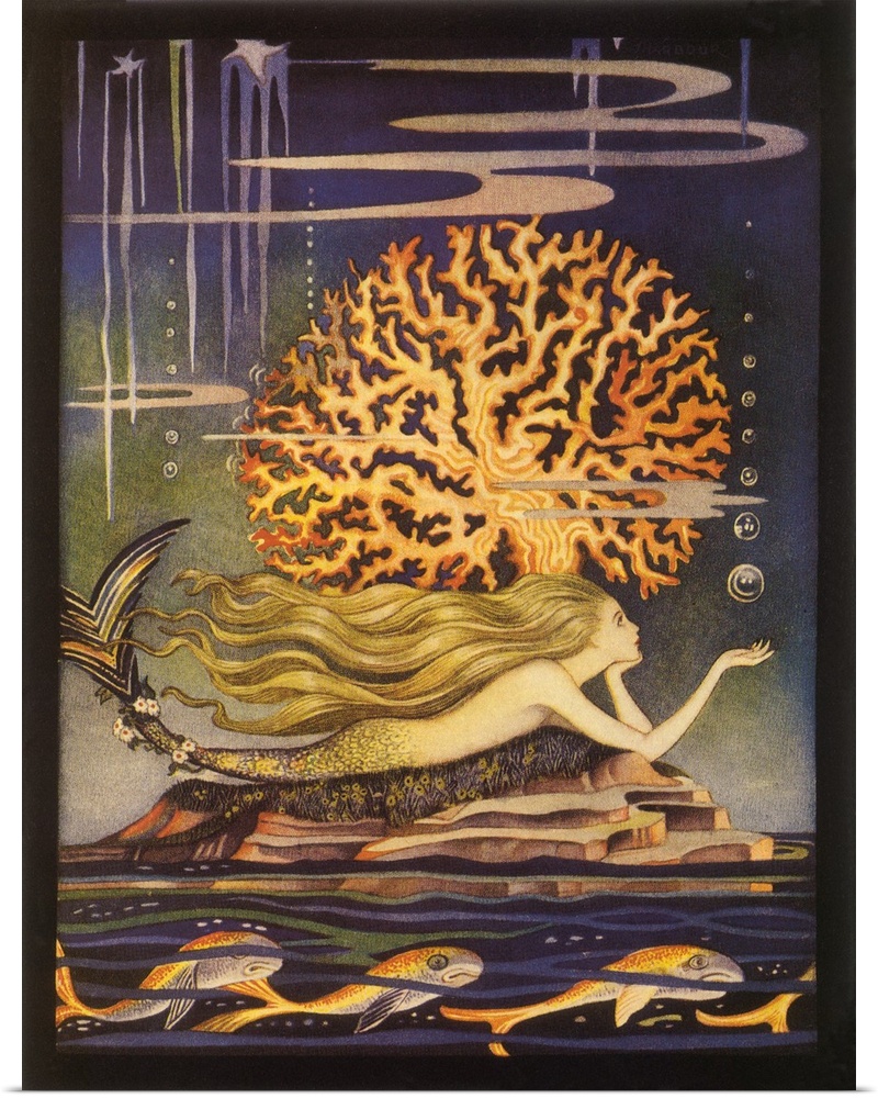 A vintage illustration of a whimsical looking mermaid swimming beside a golden reef.