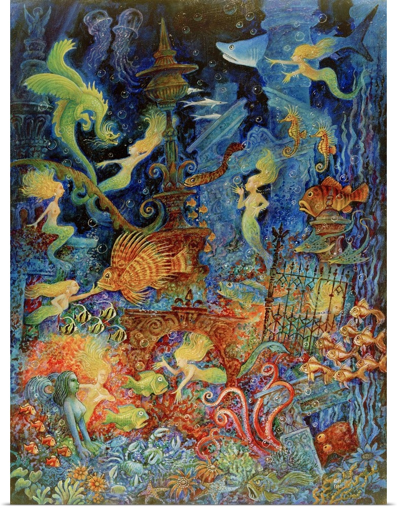 Mermaids and fish in underwater ruins.