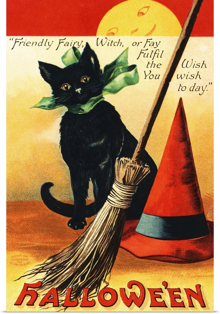 Vintage illustration of a black cat wearing a green ribbon in a bow around its neck while sitting with a broom and tall re...