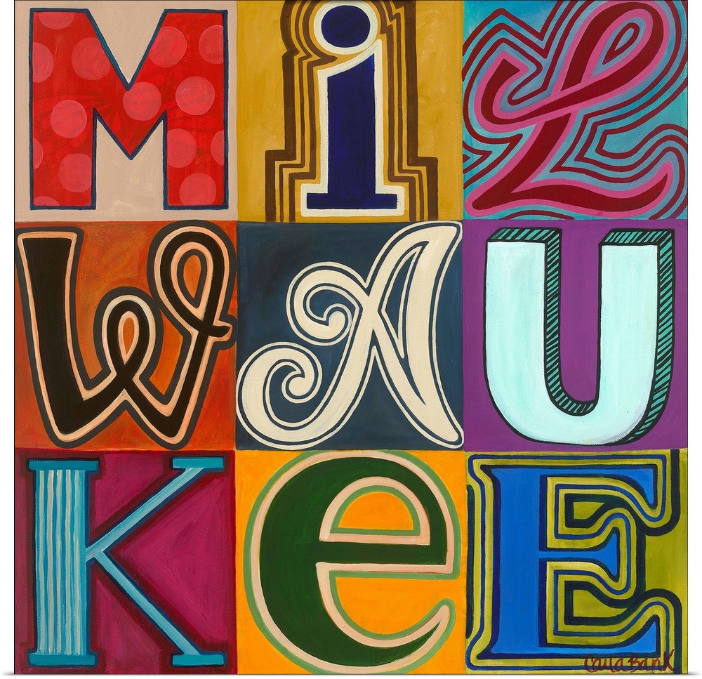 Contemporary typography painting with the word Milwaukee spelled in different fonts.
