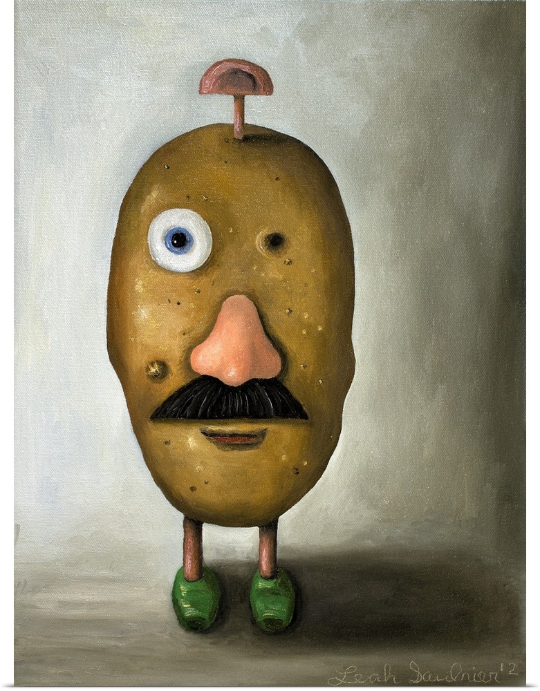 Surrealist painting of a potato head toy with one eye missing and one ear on the top of the head.
