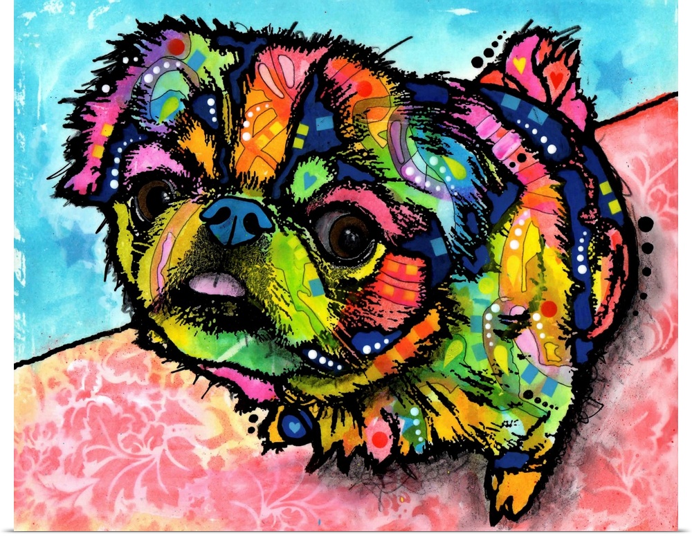 Contemporary stencil painting of a pekingese puppy filled with various colors and patterns.