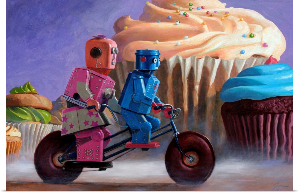 A contemporary painting of a two retro toy robots riding a tandem bicycle with giant colorful cupcakes seen in the backgro...