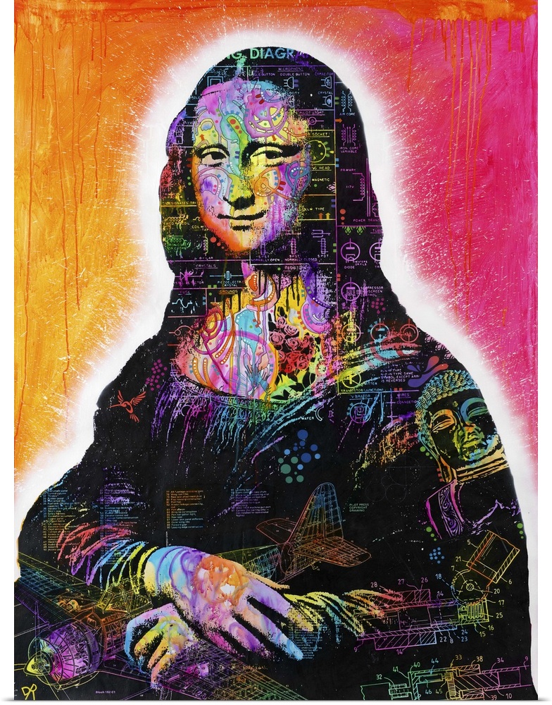 Pop art style portrait of Mona Lisa covered in rainbow colored blueprint illustrations on an orange, yellow, and pink back...