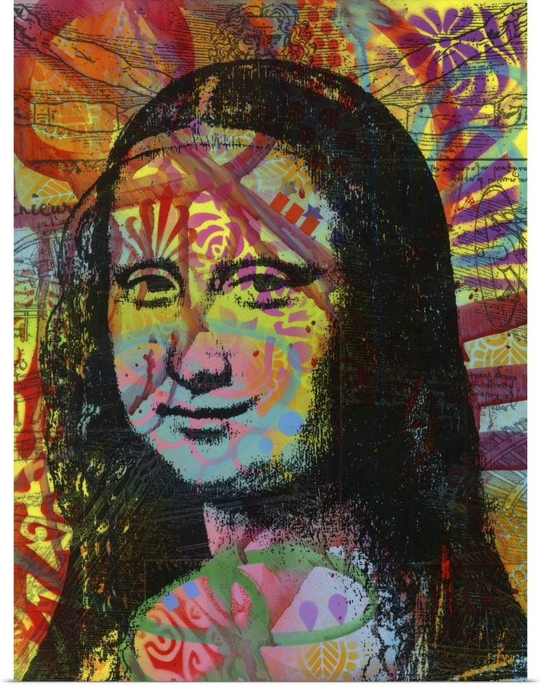 Pop art style portrait of Mona Lisa with colorful graffiti-like designs.