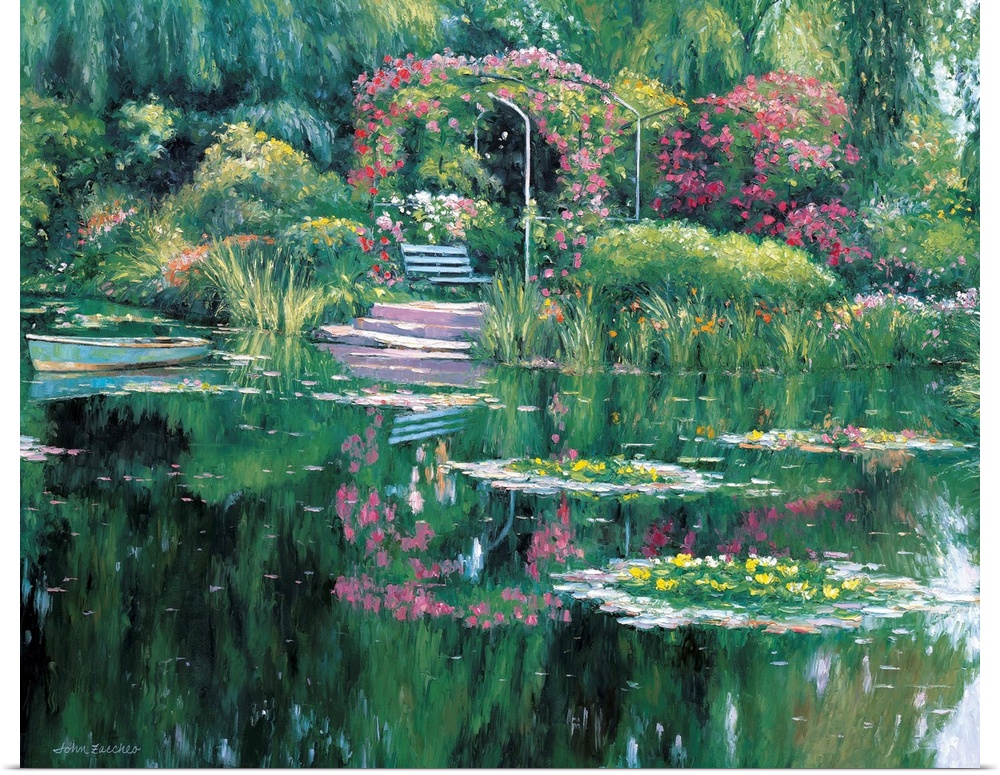 A pond with two islands covered in flowers with a trellis and a bench on the stone walkway.
