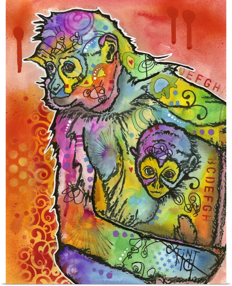 Colorful painting of a mother monkey and her baby covered in abstract designs on an orange and red background.